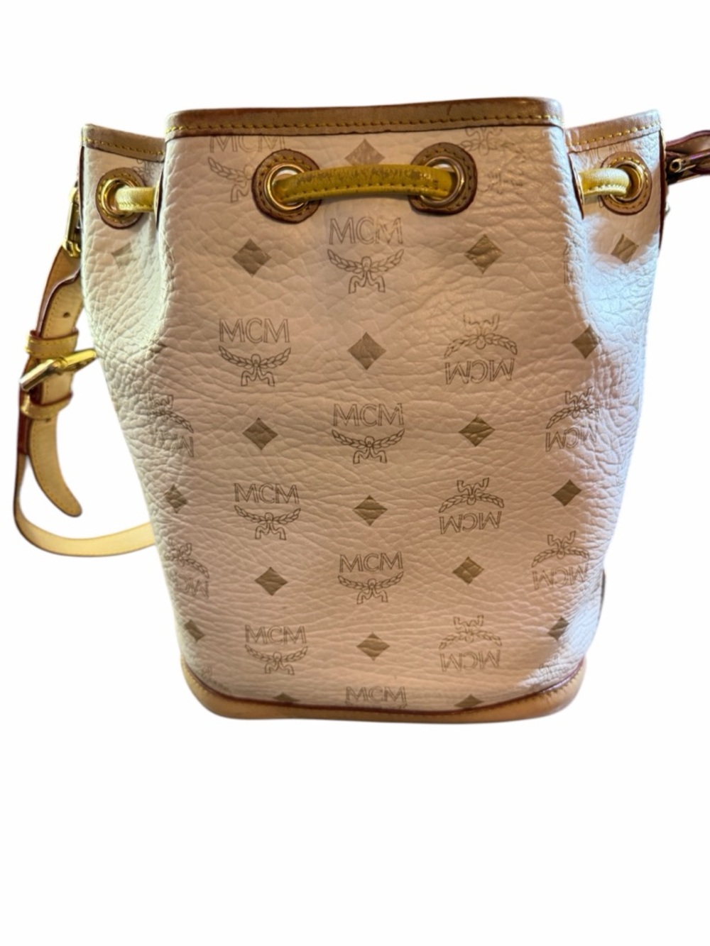 VINTAGE MCM Munchen White Visetos Bucket Bag - Striped Tassel - Picture 2 of 5